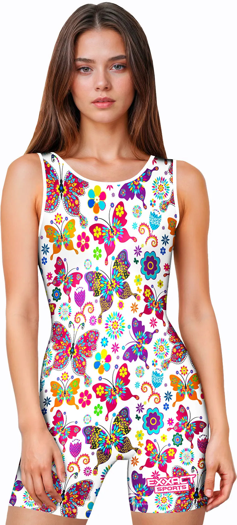 Sublimated Women's Wrestling Singlets, High-Cut Female Singlets (White Butterfly)
