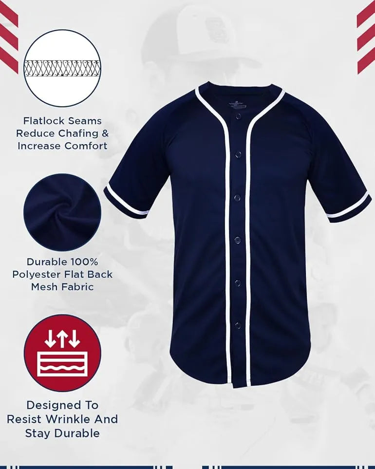 Baseball Jersey Button Down Plain Men, Women Navy (Adult)