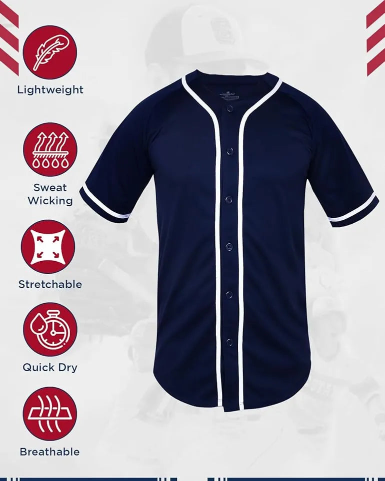 Baseball Jersey Button Down Plain Men, Women Navy (Adult)