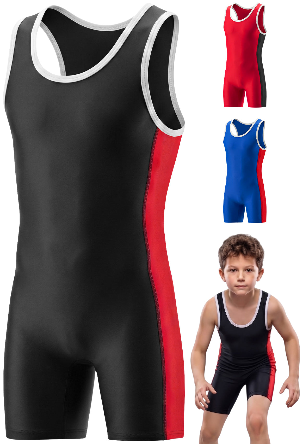 Boys Youth Plain Black/Red Wrestling Singlets, Powerlifting Singlet