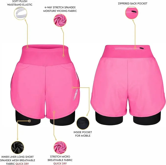 Women's  2 in 1 Athletic Shorts with Compression Liner Pink