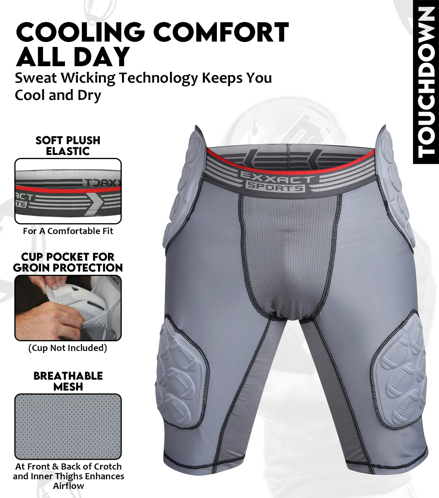 Touchdown 5-Pad Men's Football Girdle with Cup Pocket Gray (Adult)