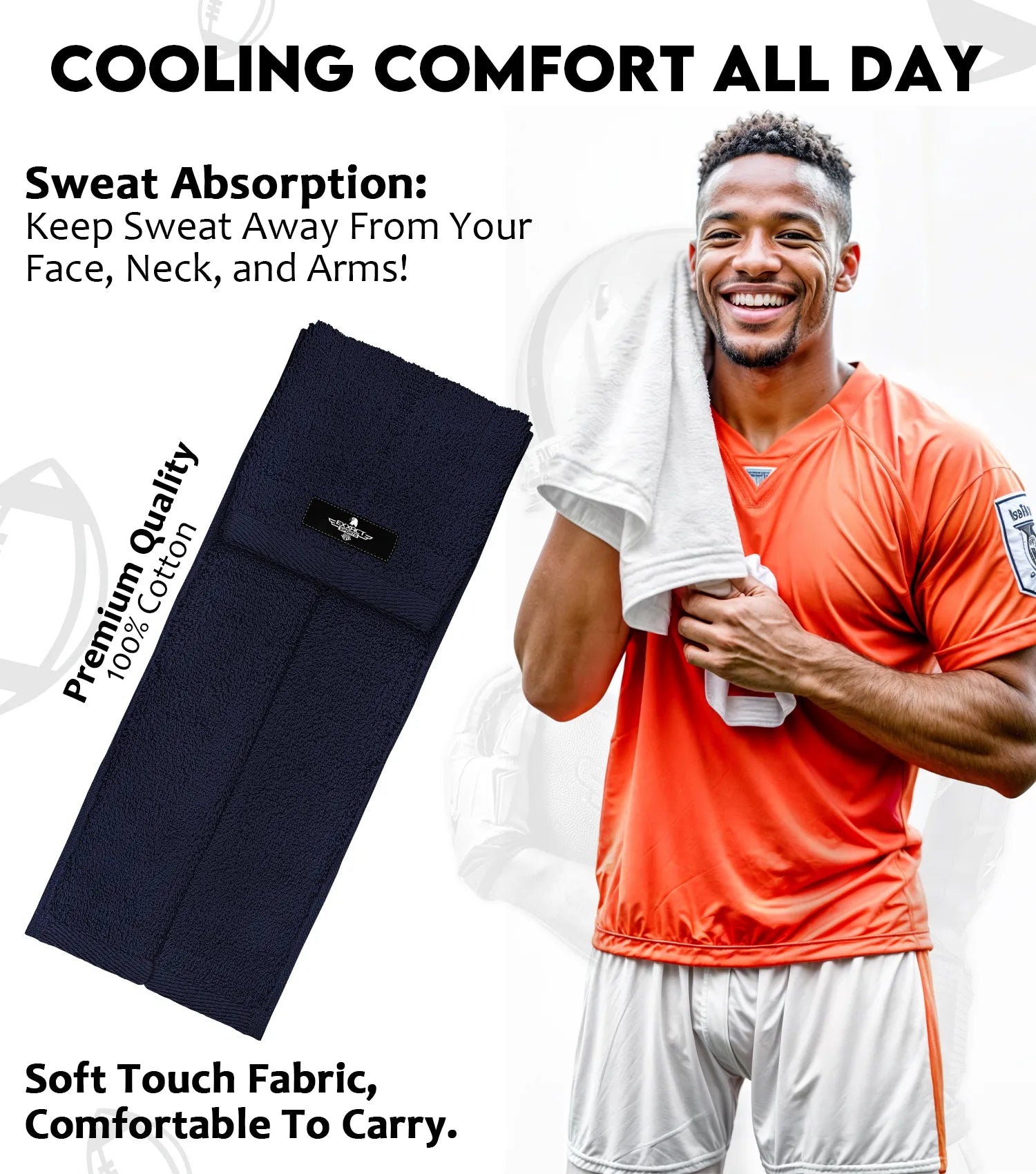 Football Towel with Hook & Loop Fastener, to Clean Hands, Visor and Gloves