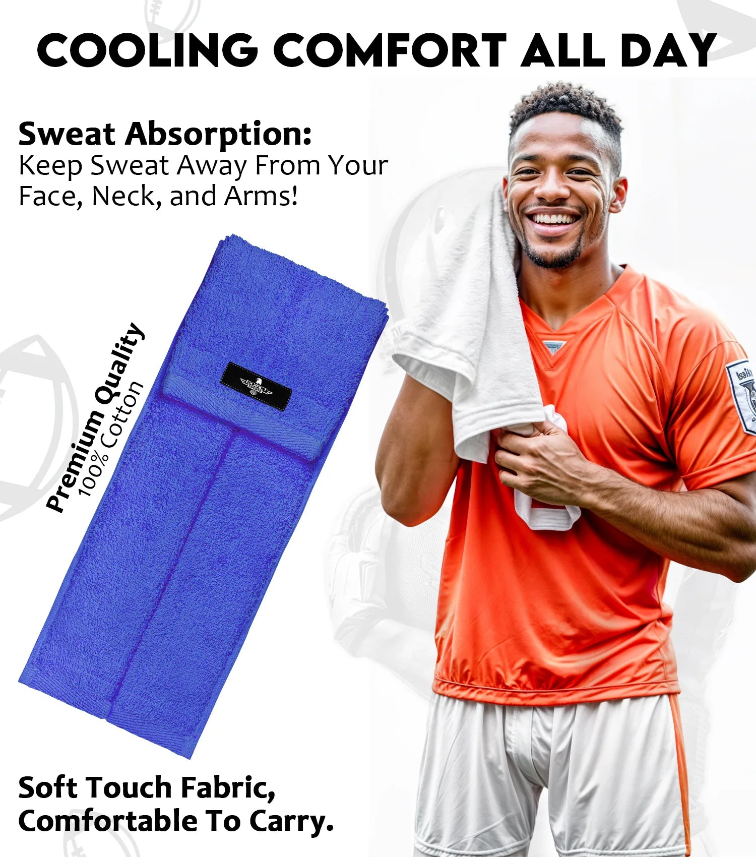 Football Towel with Hook & Loop Fastener, to Clean Hands, Visor and Gloves