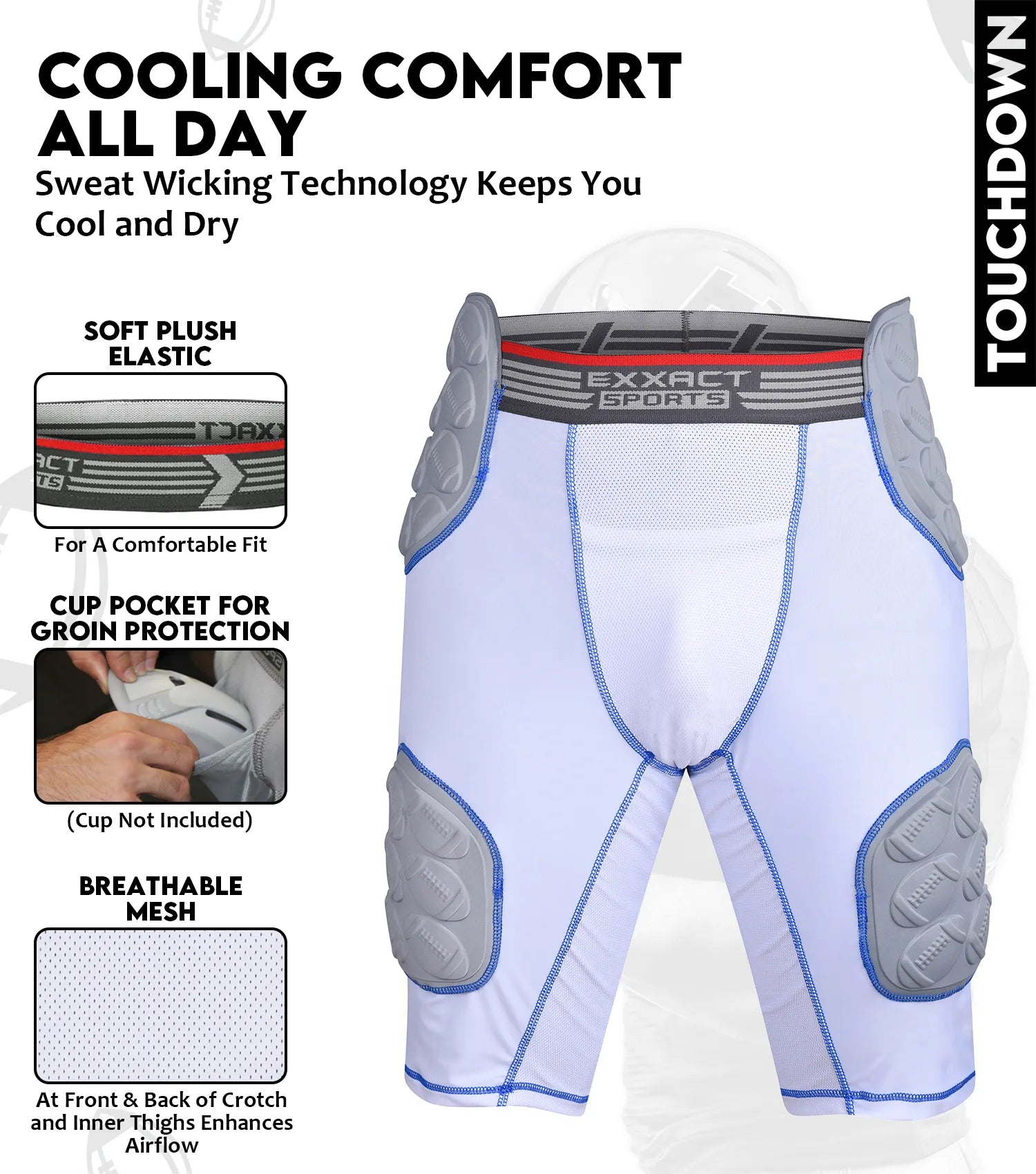 Touchdown 5-Pad Men's Football Girdle with Cup Pocket White (Adult)