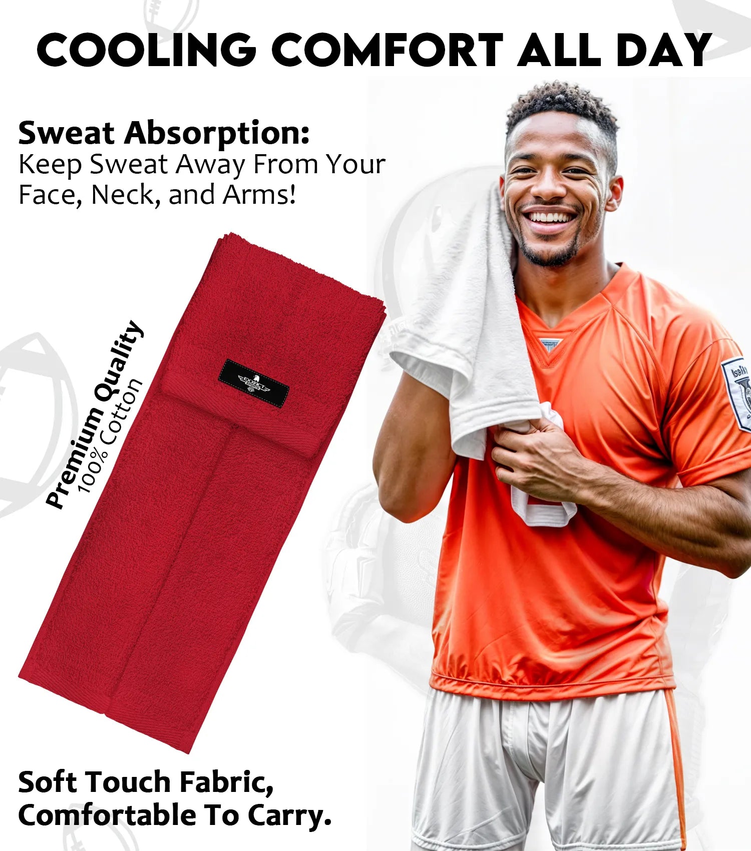 Football Towel with Hook & Loop Fastener, to Clean Hands, Visor and Gloves