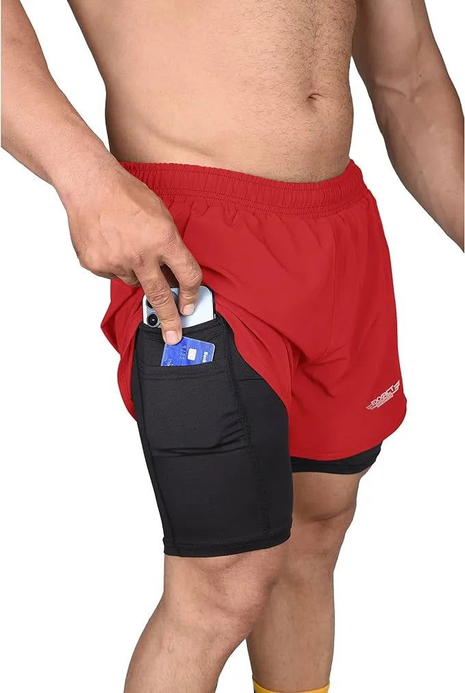 2 in 1 Shorts Men - Athletic Shorts with Compression Liner Red - Exxact Sports