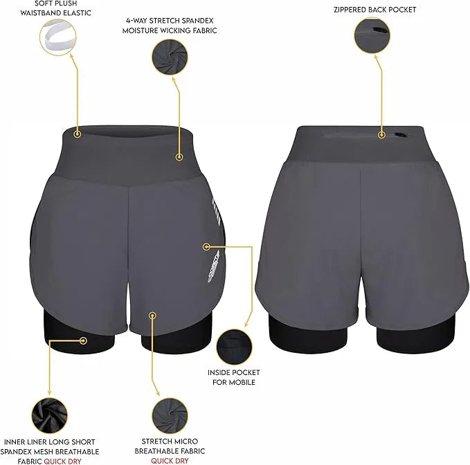 Women's  2 in 1 Athletic Shorts with Compression Liner Charcoal