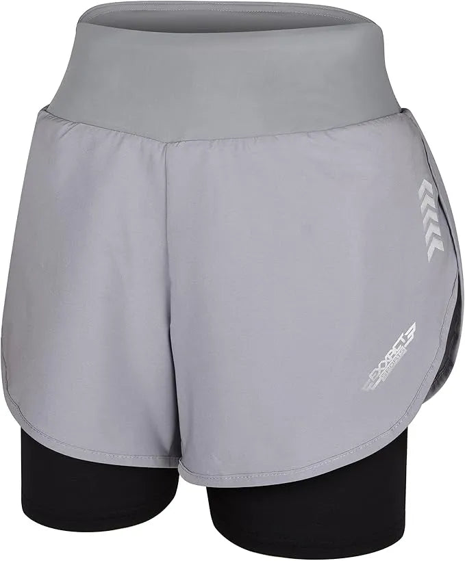 2 in 1 Shorts Women - Athletic Shorts with Spandex Underneath Gray Silver - Exxact Sports