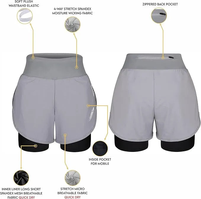 Women's  2 in 1 Athletic Shorts with Compression Liner Gray