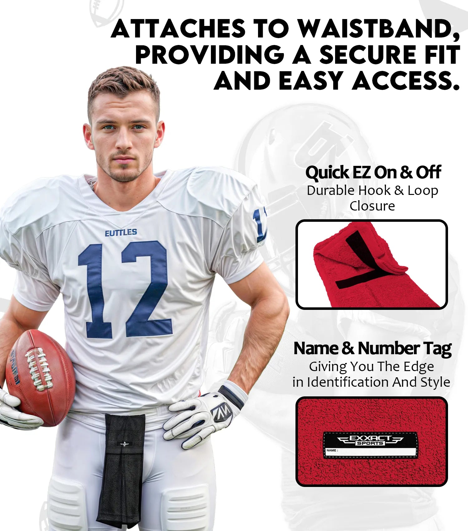 Football Towel with Hook & Loop Fastener, to Clean Hands, Visor and Gloves