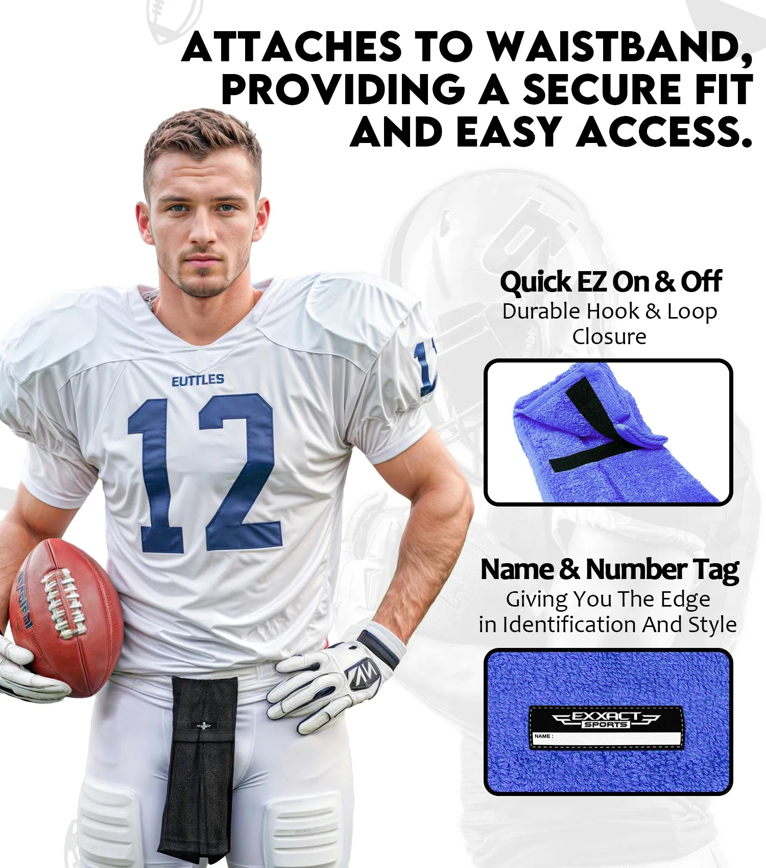 Football Towel with Hook & Loop Fastener, to Clean Hands, Visor and Gloves