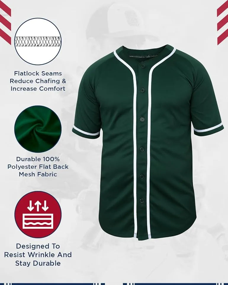 Baseball Jersey Button Down Plain Men, Women Dark Green(Adult)