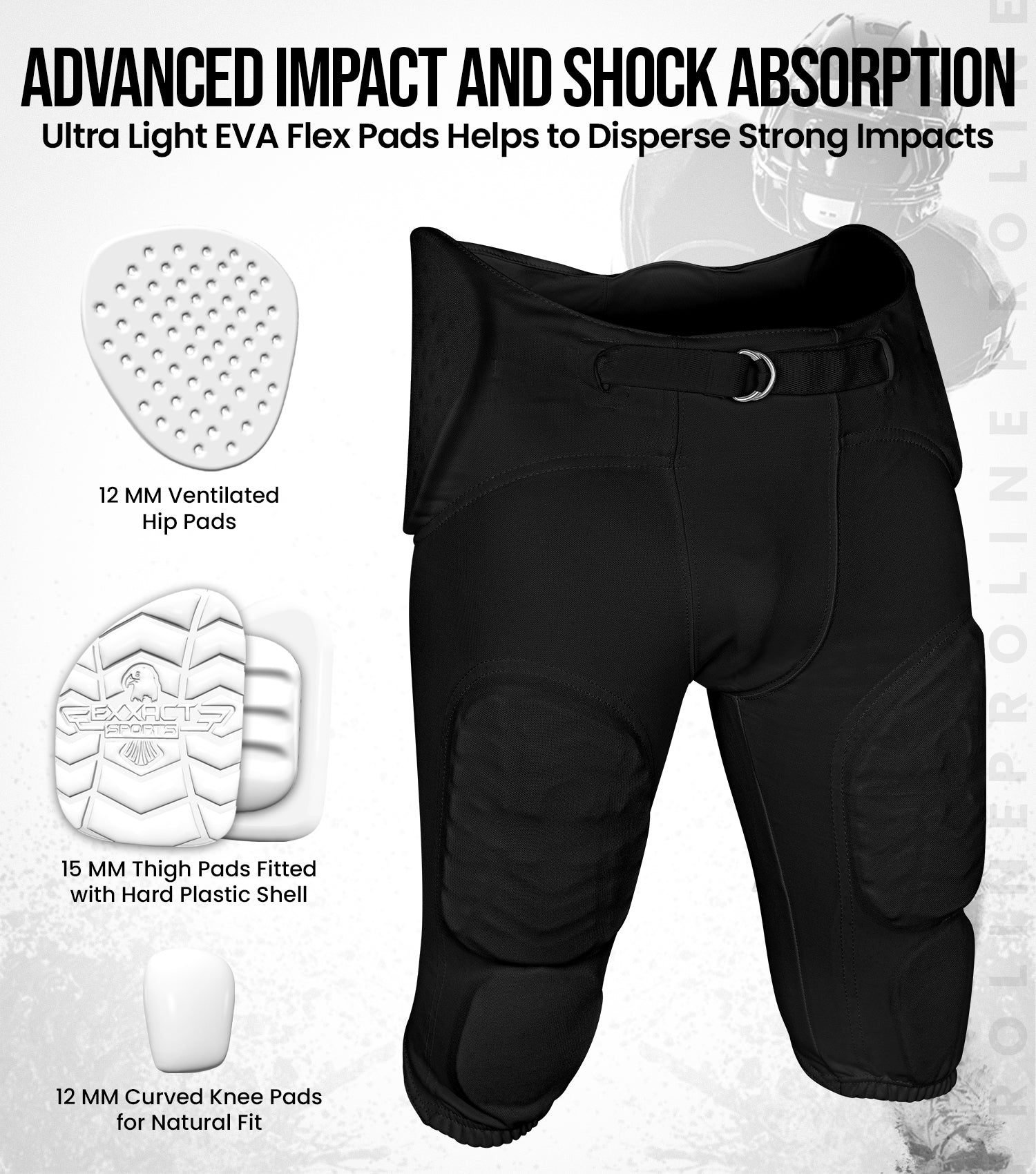 Proline Boys Integrated Football Pants with 7 Flex Pads Black (Youth)