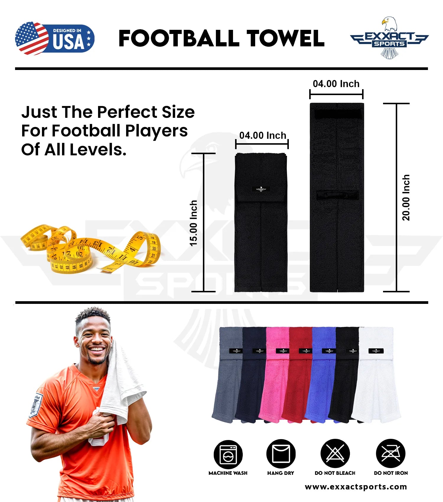 Football Towel with Hook & Loop Fastener, to Clean Hands, Visor and Gloves