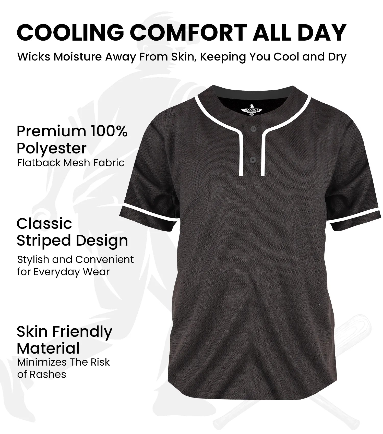 Baseball Jersey for Men and Women, 2-Button Plain Jersey (Black)