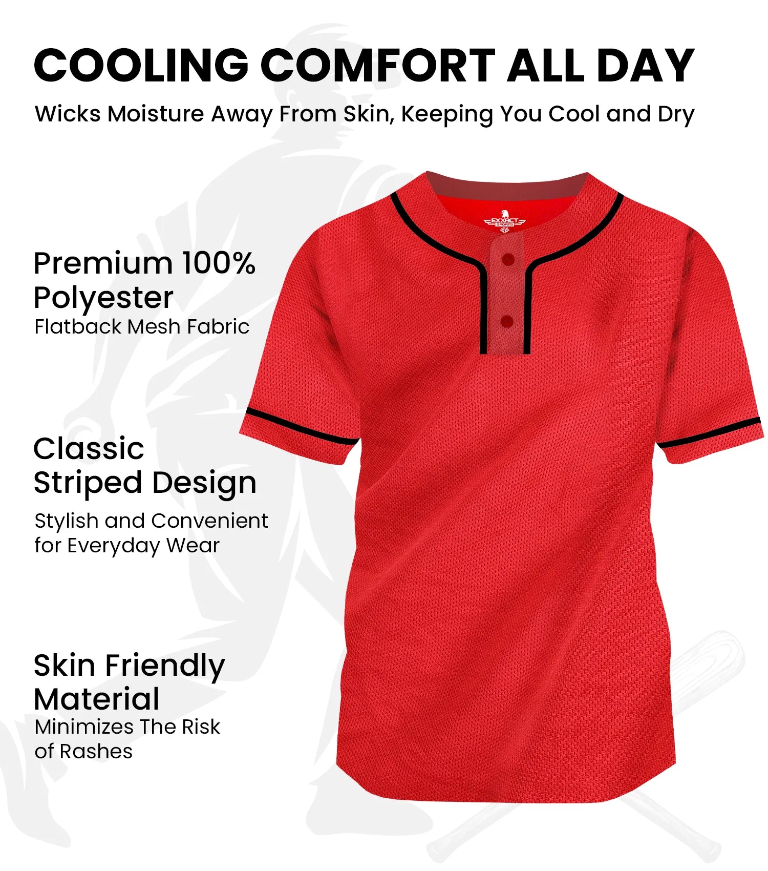 Baseball Jersey for Men and Women, 2-Button Plain Jersey (Red)