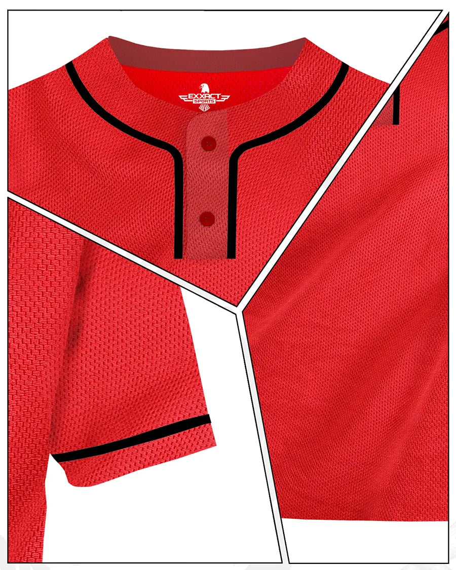 Baseball Jersey for Men and Women, 2-Button Plain Jersey (Red)