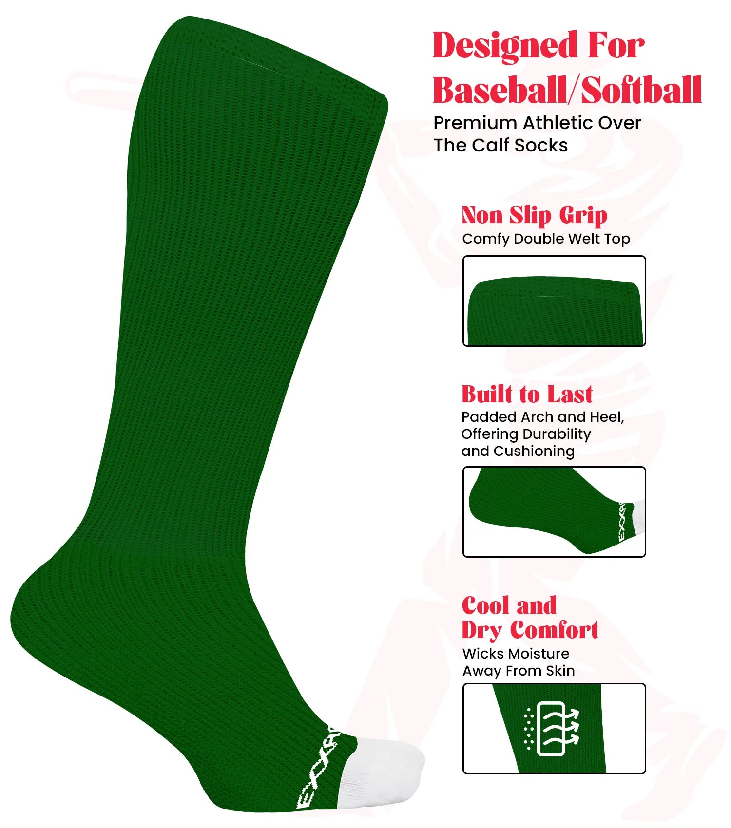 Baseball Socks and Belt Combo Set for Boys & Girls, Adult and Youth Sizes (Dark Green)