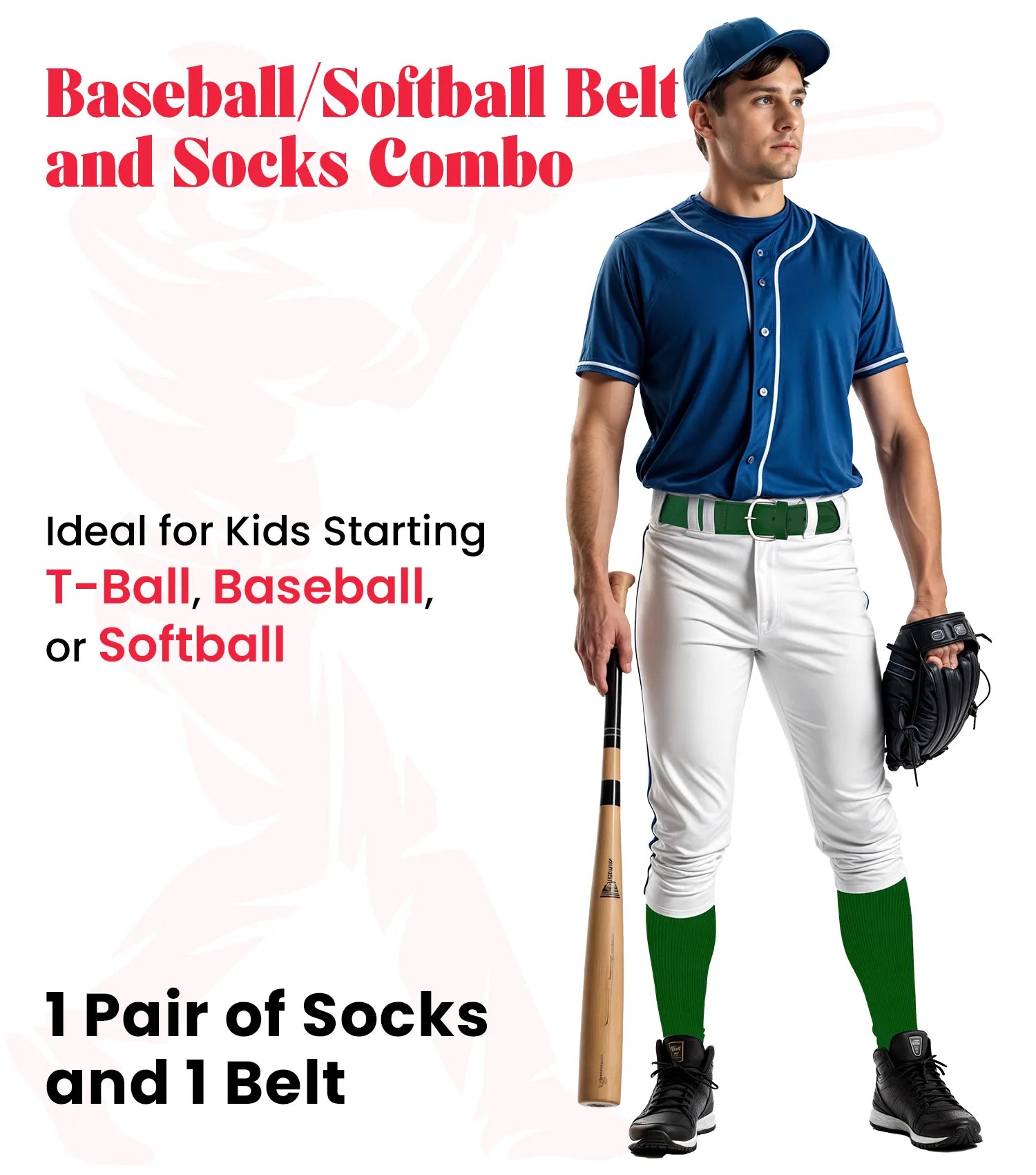 Baseball Socks and Belt Combo Set for Boys & Girls, Adult and Youth Sizes (Dark Green)