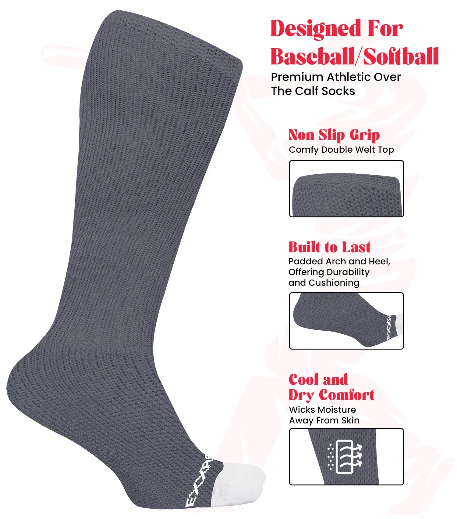 Baseball Socks and Belt Combo Set for Boys & Girls, Adult and Youth Sizes (Gray)