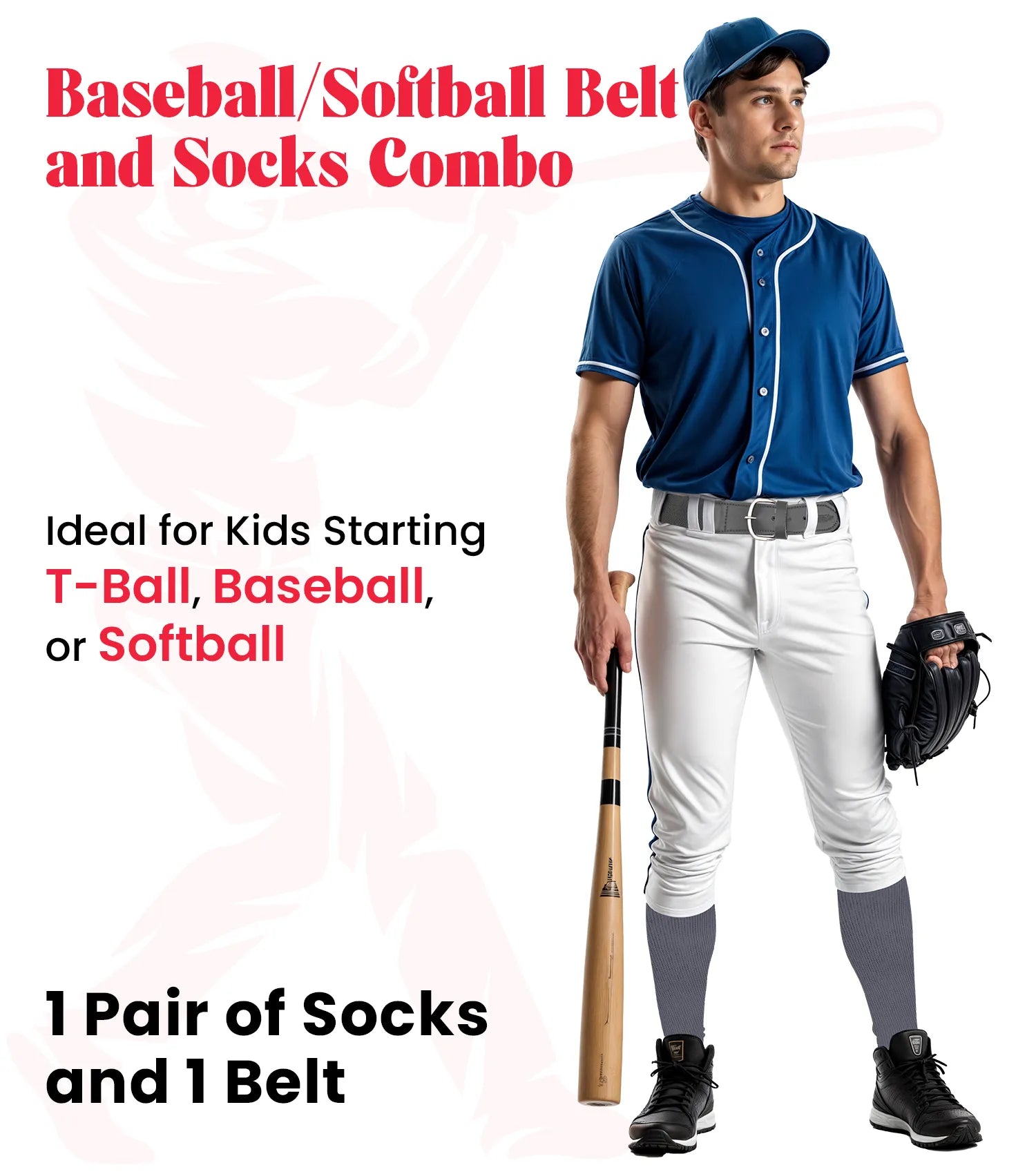 Baseball Socks and Belt Combo Set for Boys & Girls, Adult and Youth Sizes (Gray)