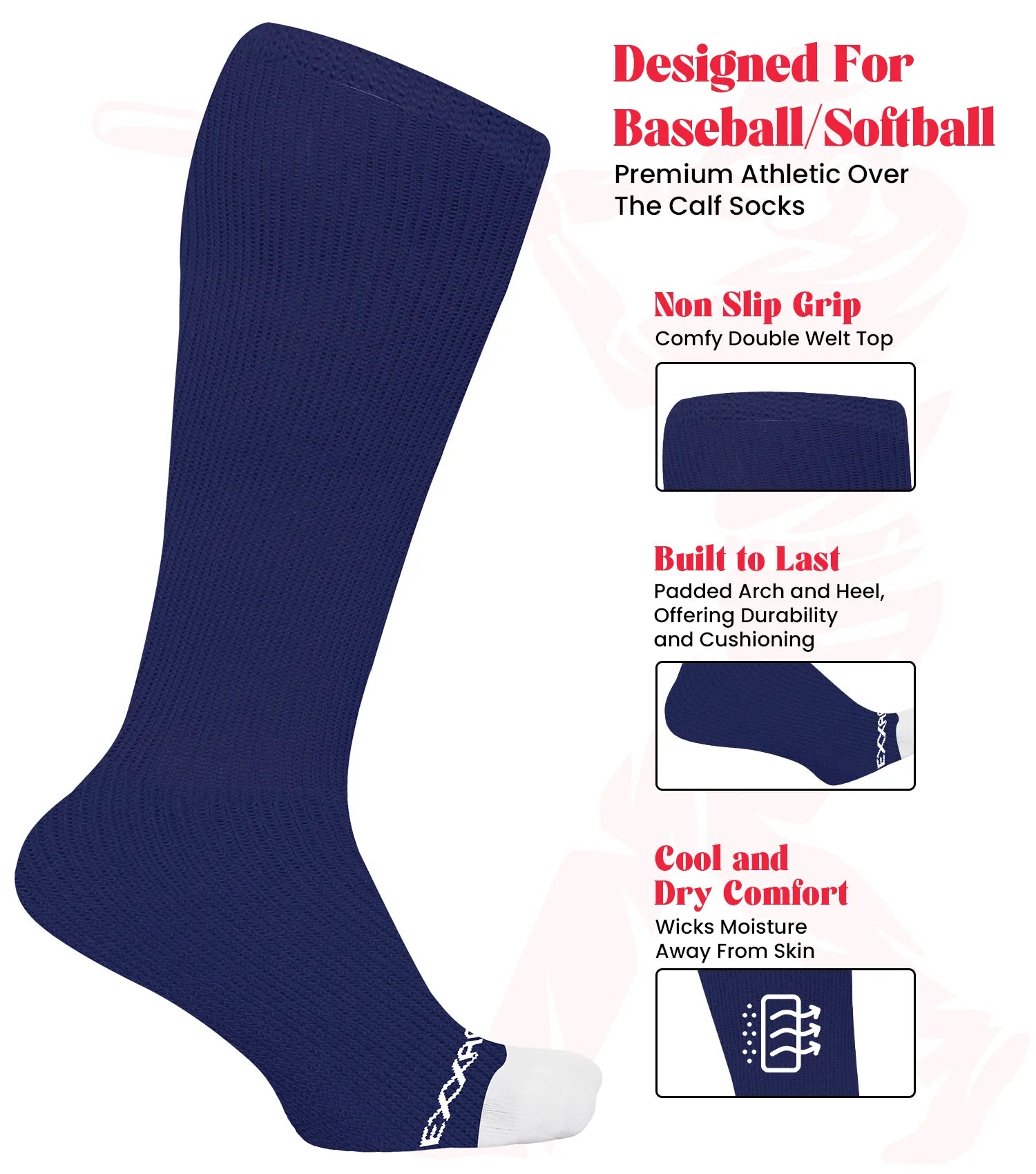 Baseball Socks and Belt Combo Set for Boys & Girls, Adult and Youth Sizes (Navy)