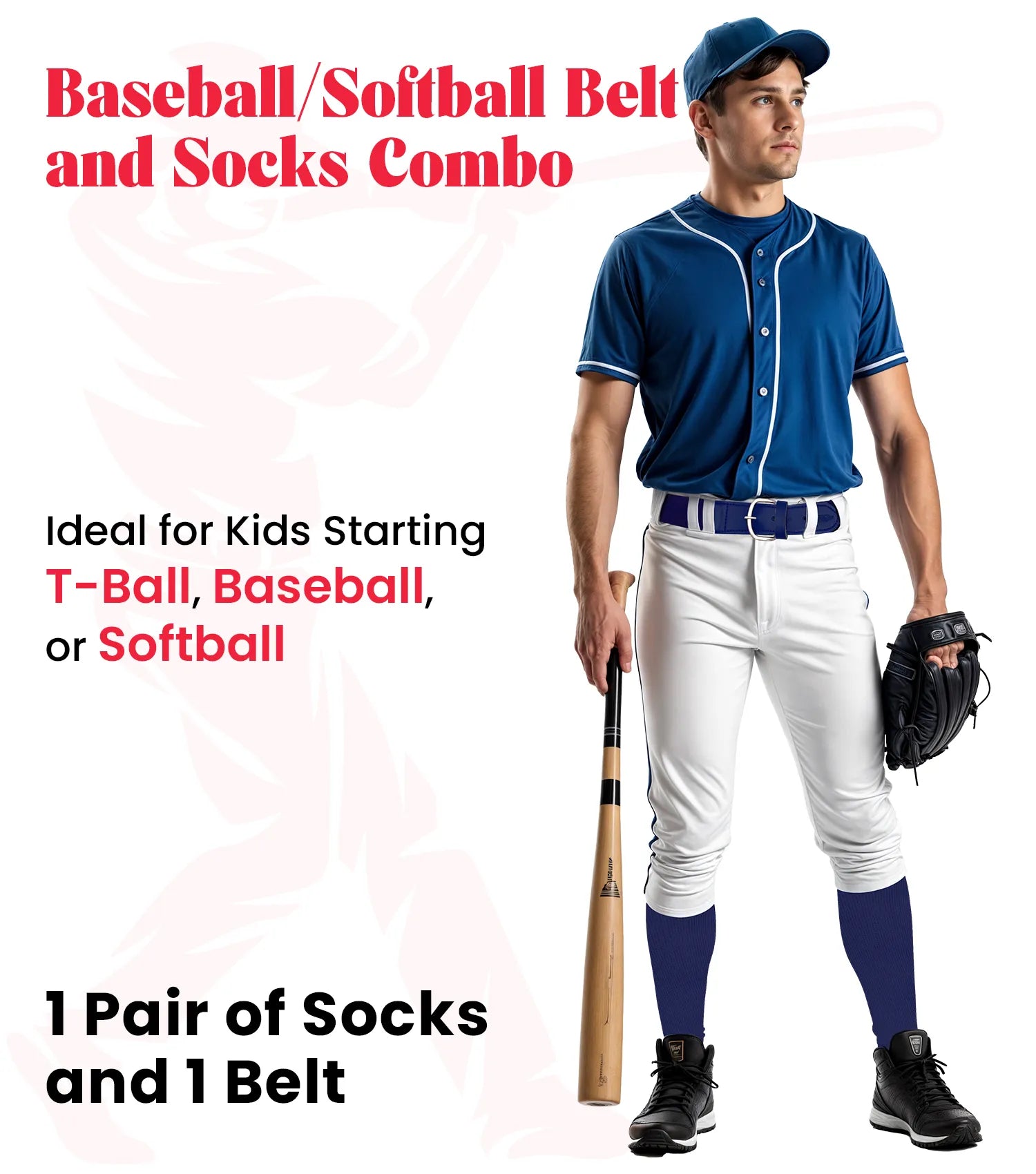 Baseball Socks and Belt Combo Set for Boys & Girls, Adult and Youth Sizes (Navy)