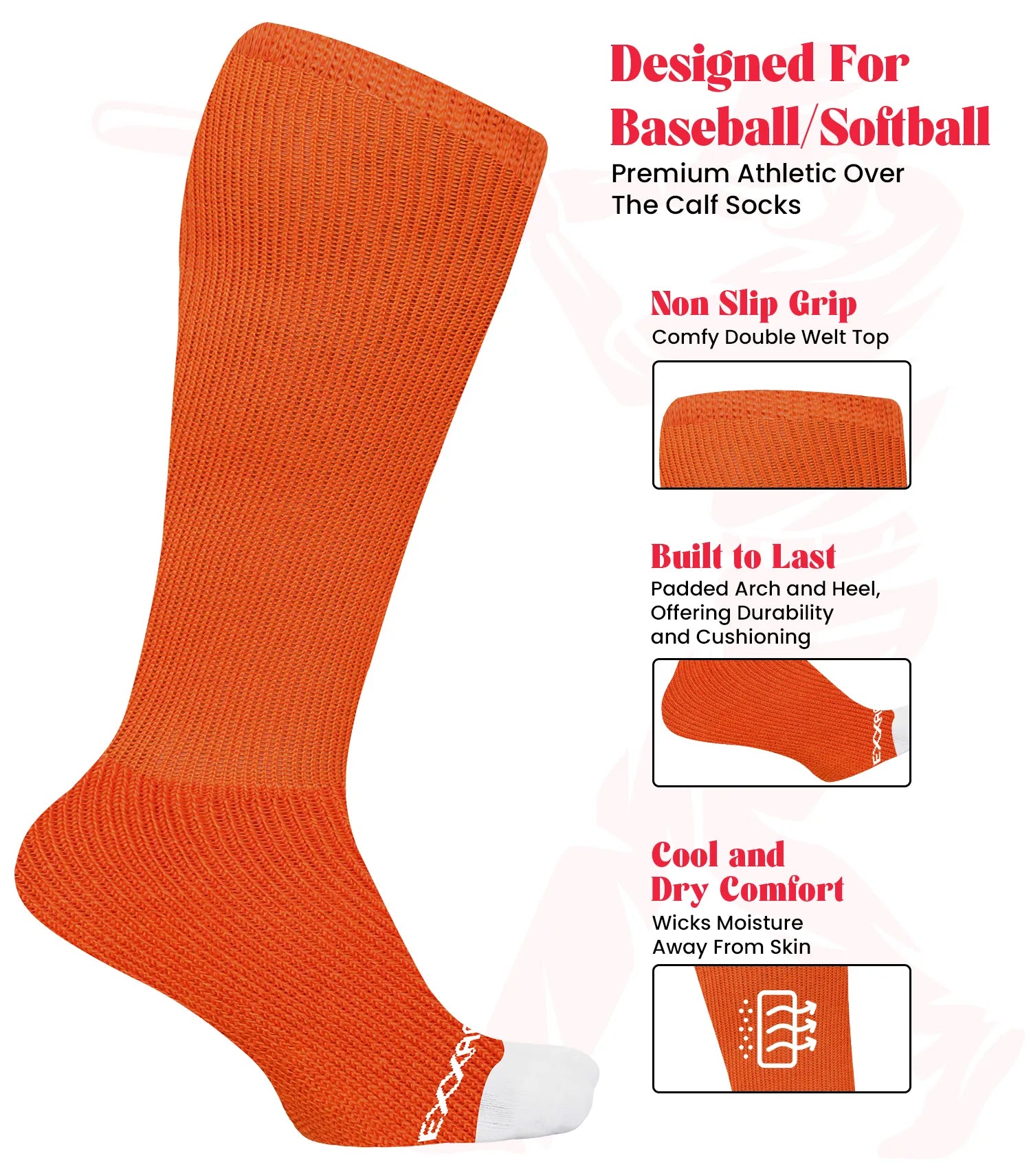 Baseball Socks and Belt Combo Set for Boys & Girls, Adult and Youth Sizes (Orange)