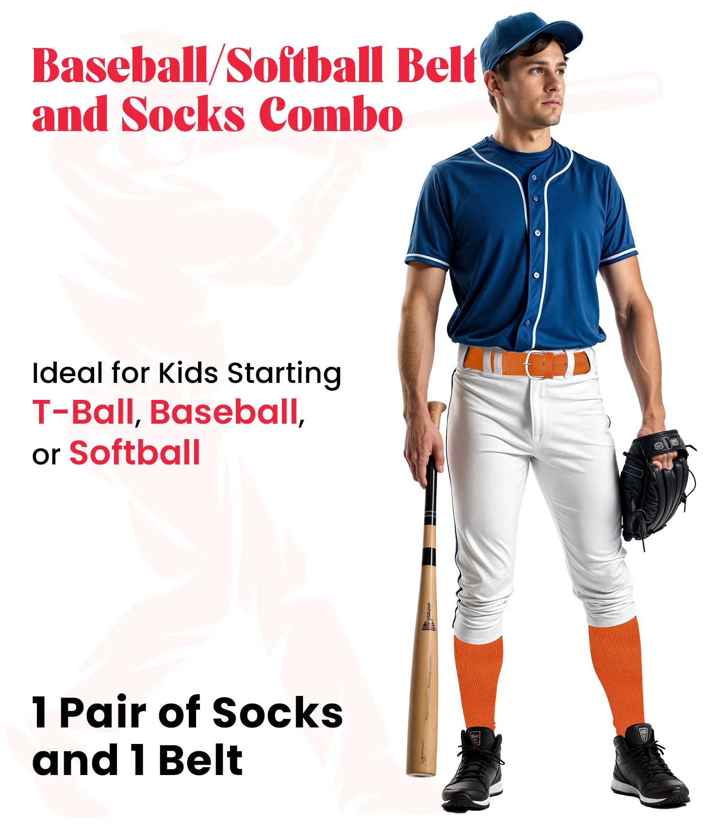 Baseball Socks and Belt Combo Set for Boys & Girls, Adult and Youth Sizes (Orange)