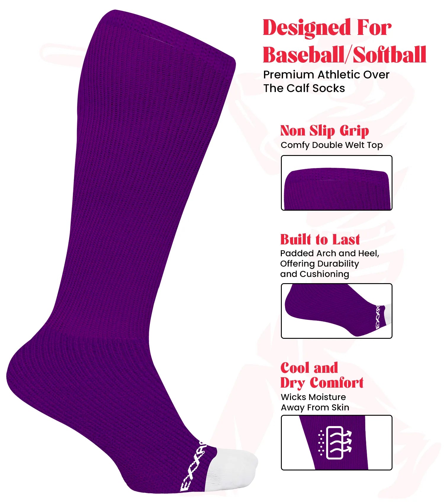 Baseball Socks and Belt Combo Set for Boys & Girls, Adult and Youth Sizes (Purple)