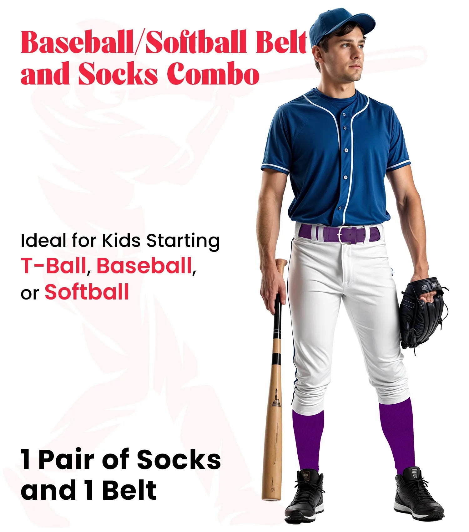 Baseball Socks and Belt Combo Set for Boys & Girls, Adult and Youth Sizes (Purple)