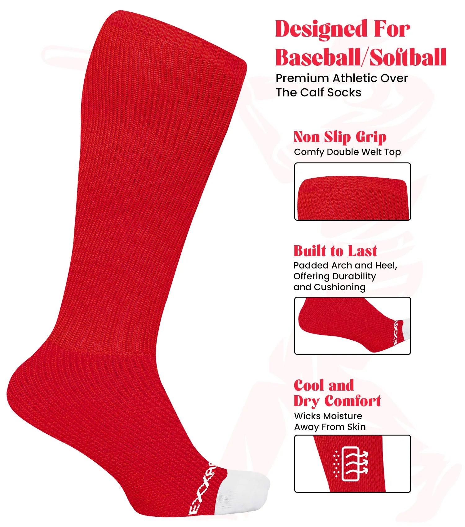 Baseball Socks and Belt Combo Set for Boys & Girls, Adult and Youth Sizes (Red)