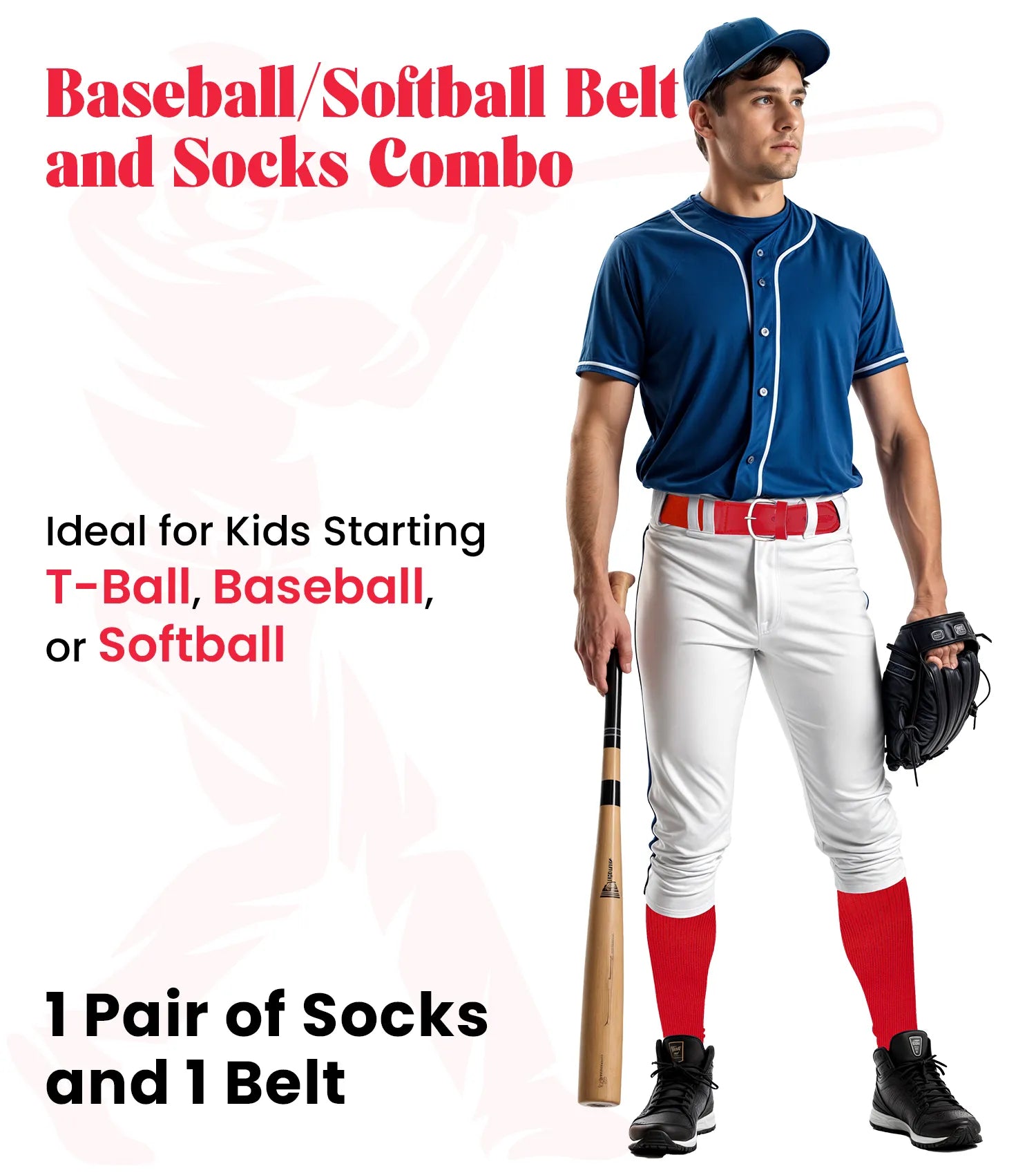 Baseball Socks and Belt Combo Set for Boys & Girls, Adult and Youth Sizes (Red)