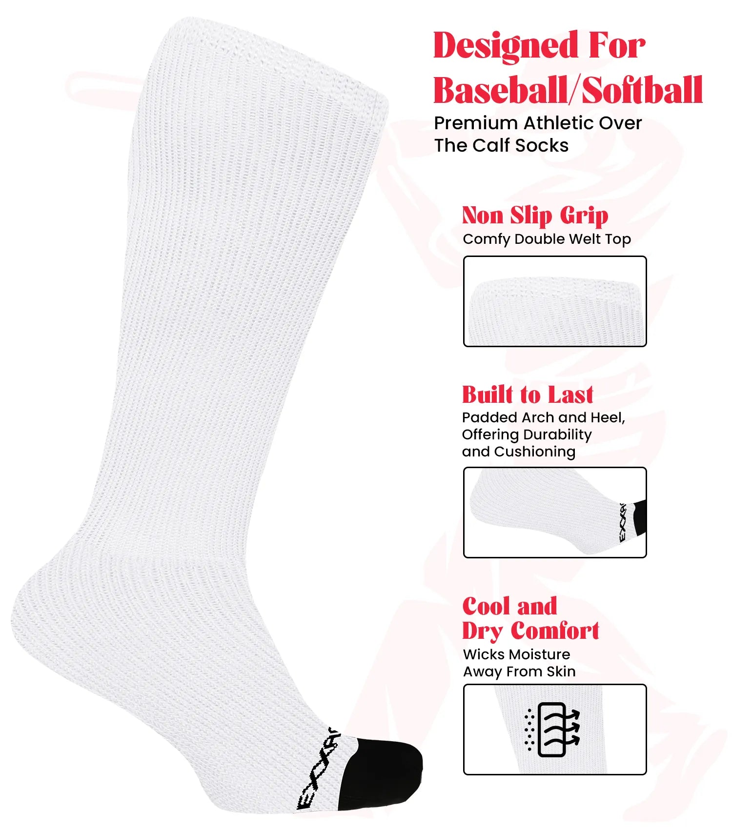 Baseball Socks and Belt Combo Set for Boys & Girls, Adult and Youth Sizes (White)