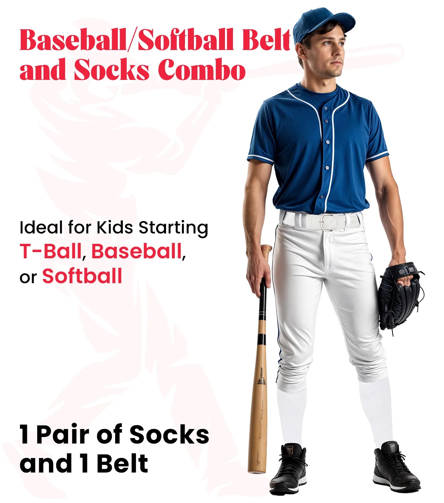 Baseball Socks and Belt Combo Set for Boys & Girls, Adult and Youth Sizes (White)