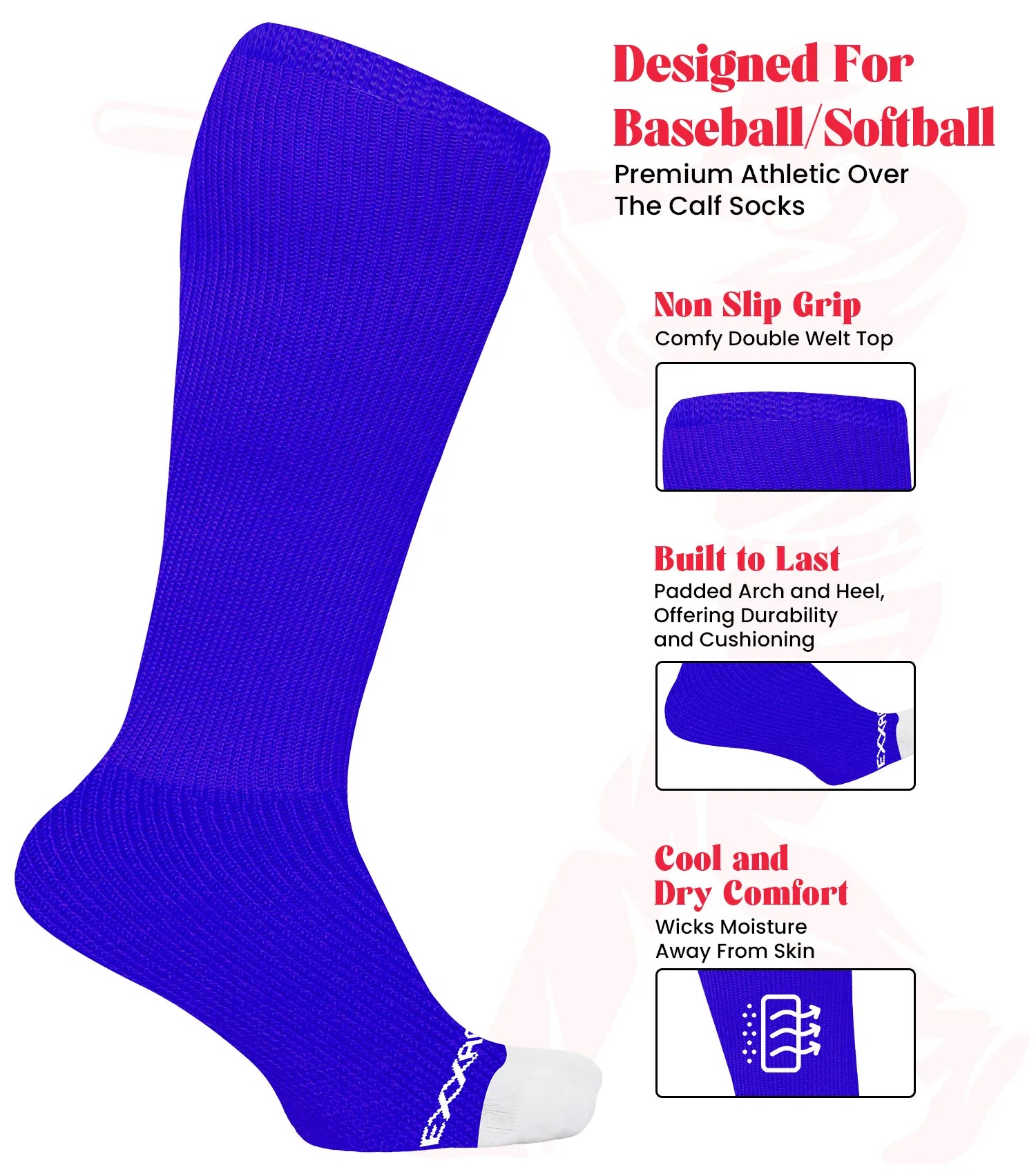 Baseball Socks and Belt Combo Set for Boys & Girls, Adult and Youth Sizes (Royal Blue)