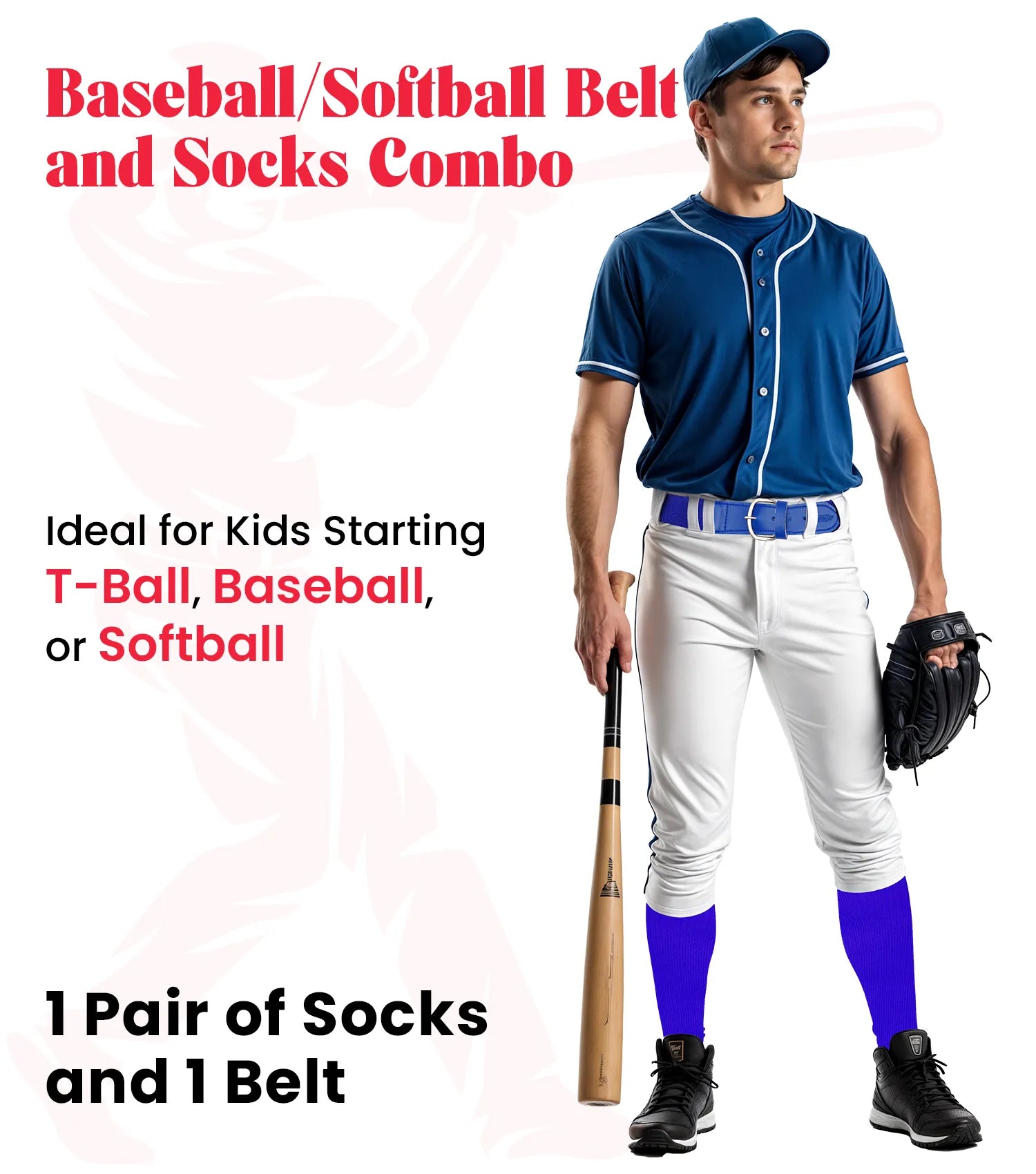 Baseball Socks and Belt Combo Set for Boys & Girls, Adult and Youth Sizes (Royal Blue)