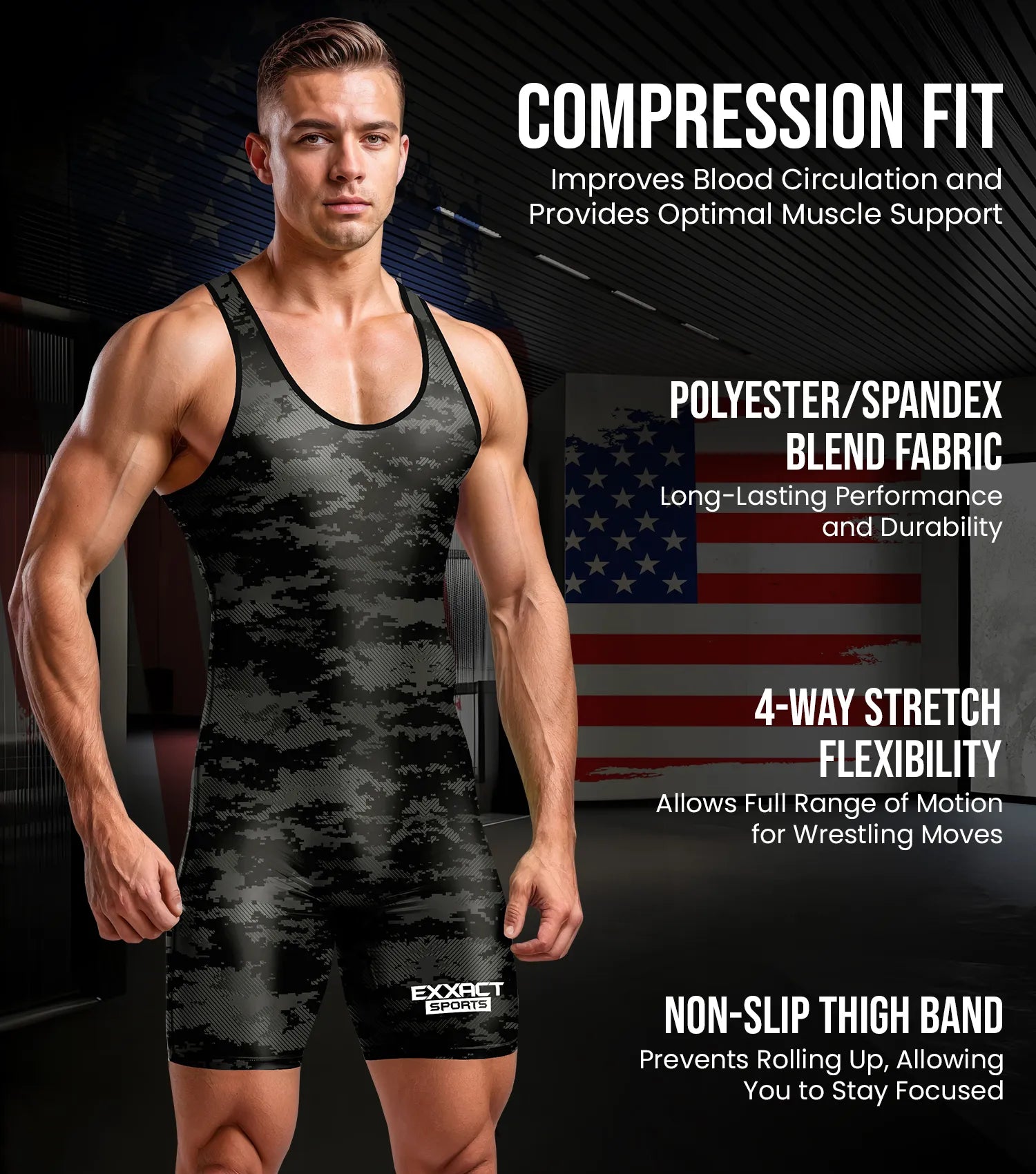 Men's Camouflage Wrestling Singlets Black (Adult)