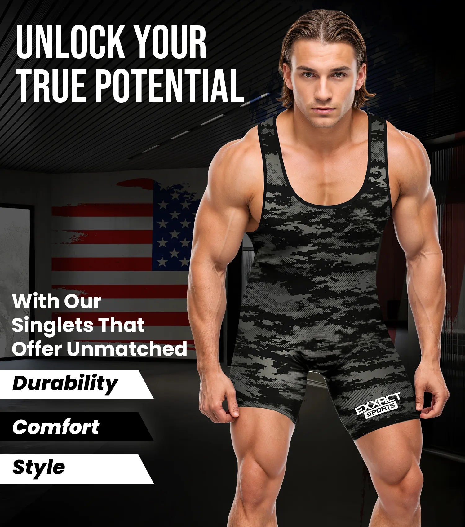 Men's Camouflage Wrestling Singlets Black (Adult)