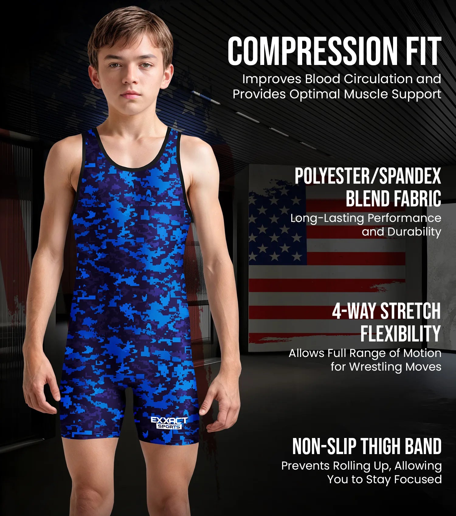 Boys Youth Camouflage Wrestling Singlets Royal Blue