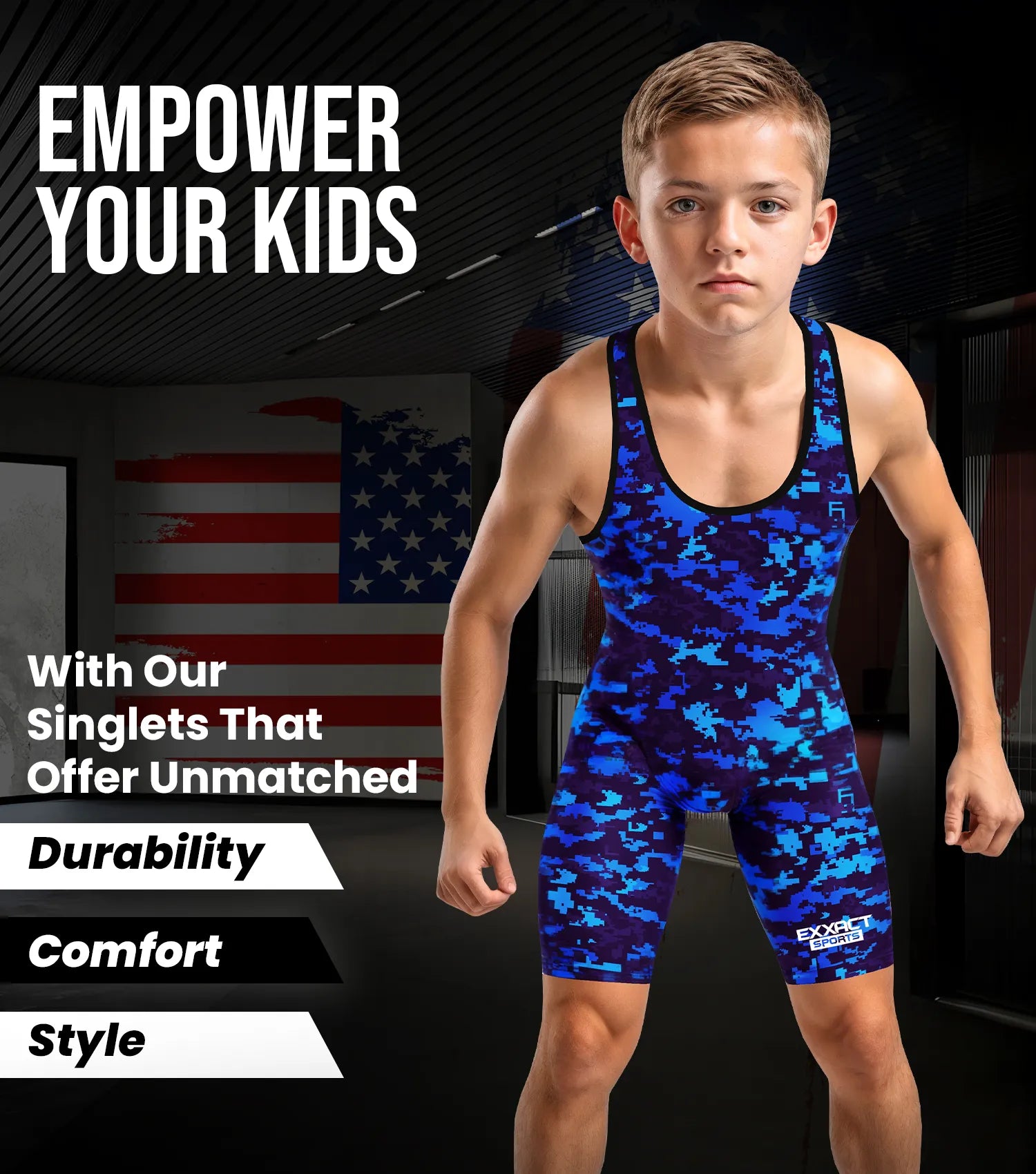 Boys Youth Camouflage Wrestling Singlets Royal Blue