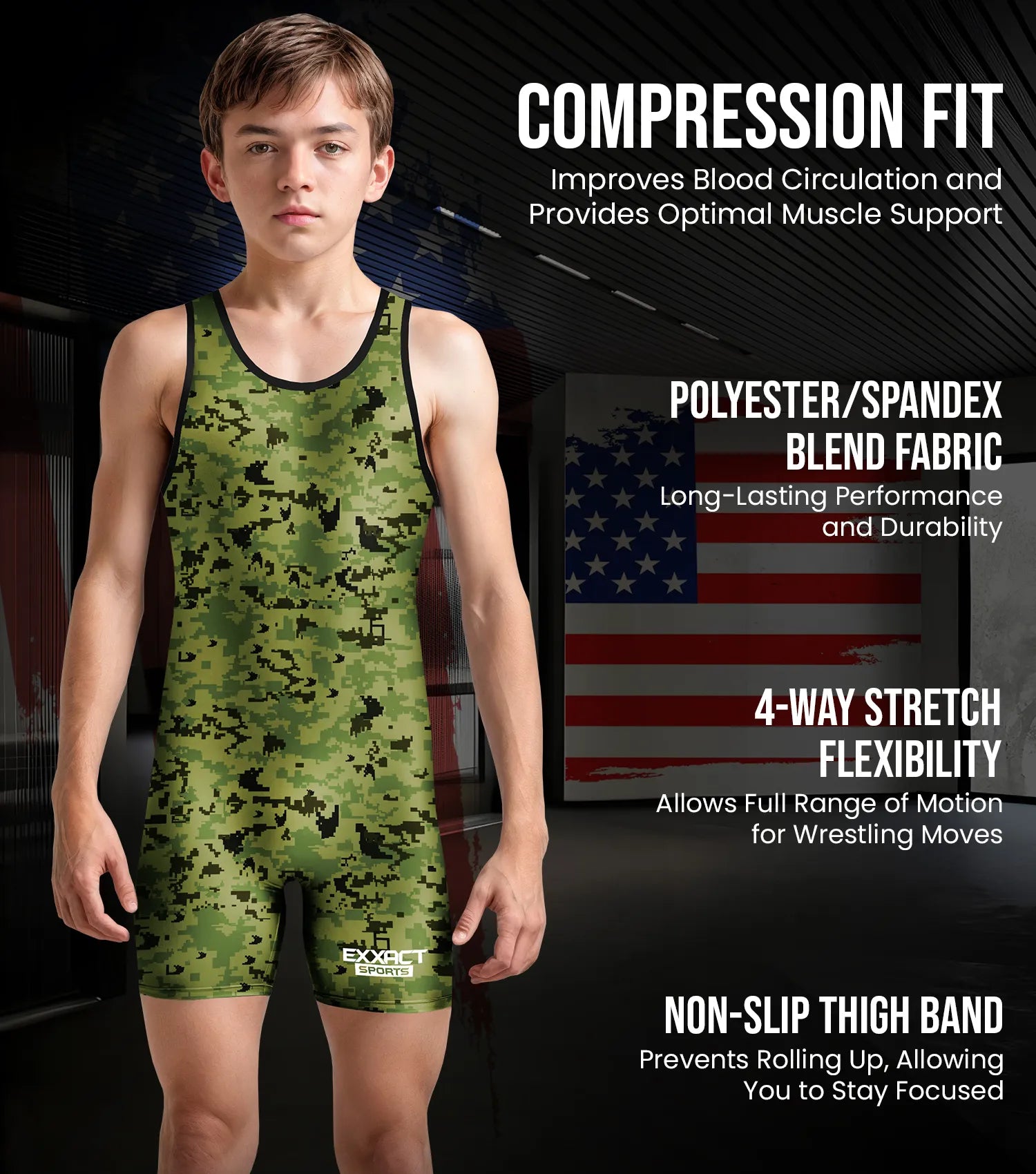 Boys Youth Camouflage Wrestling Singlets Green