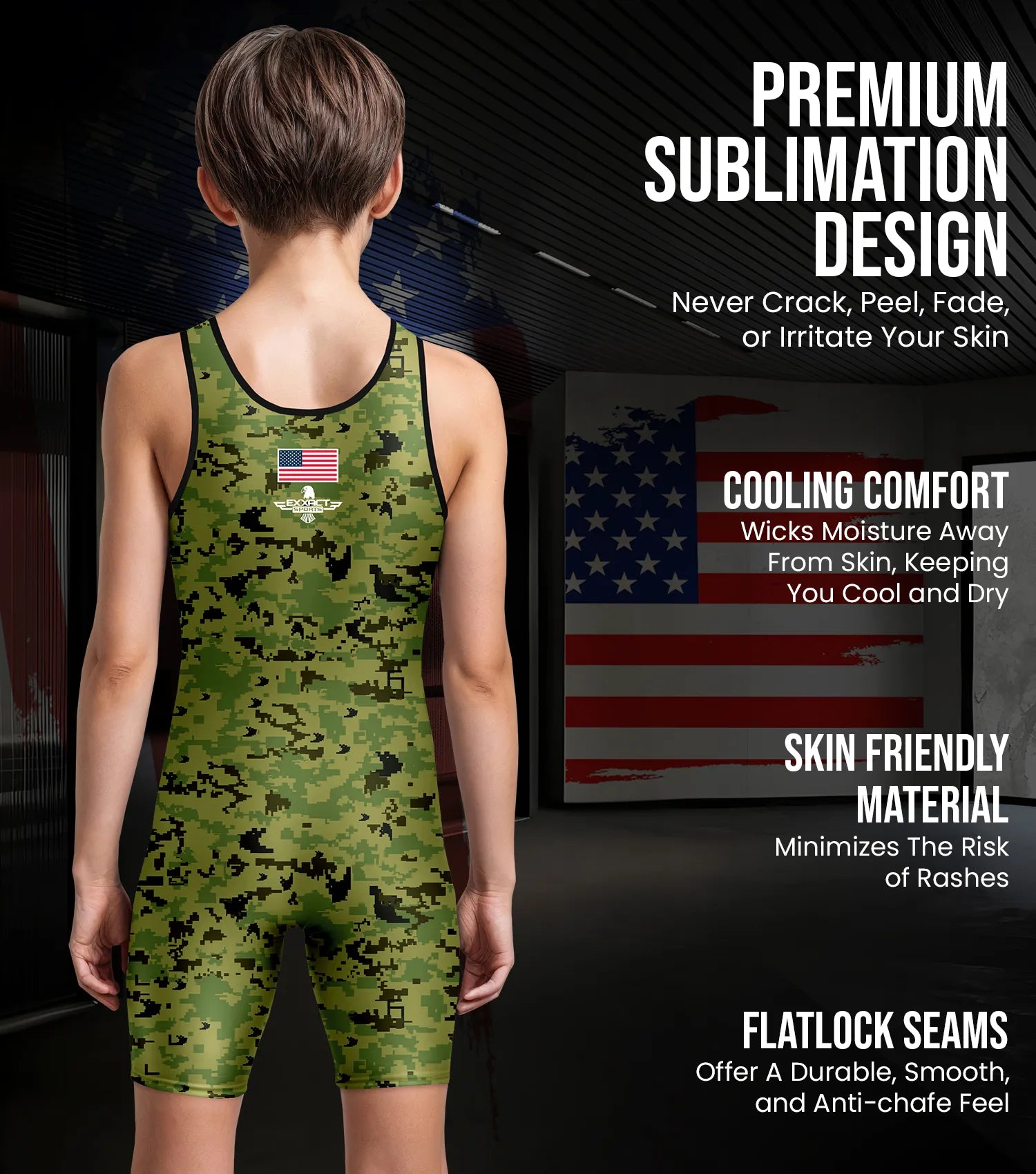 Boys Youth Camouflage Wrestling Singlets Green