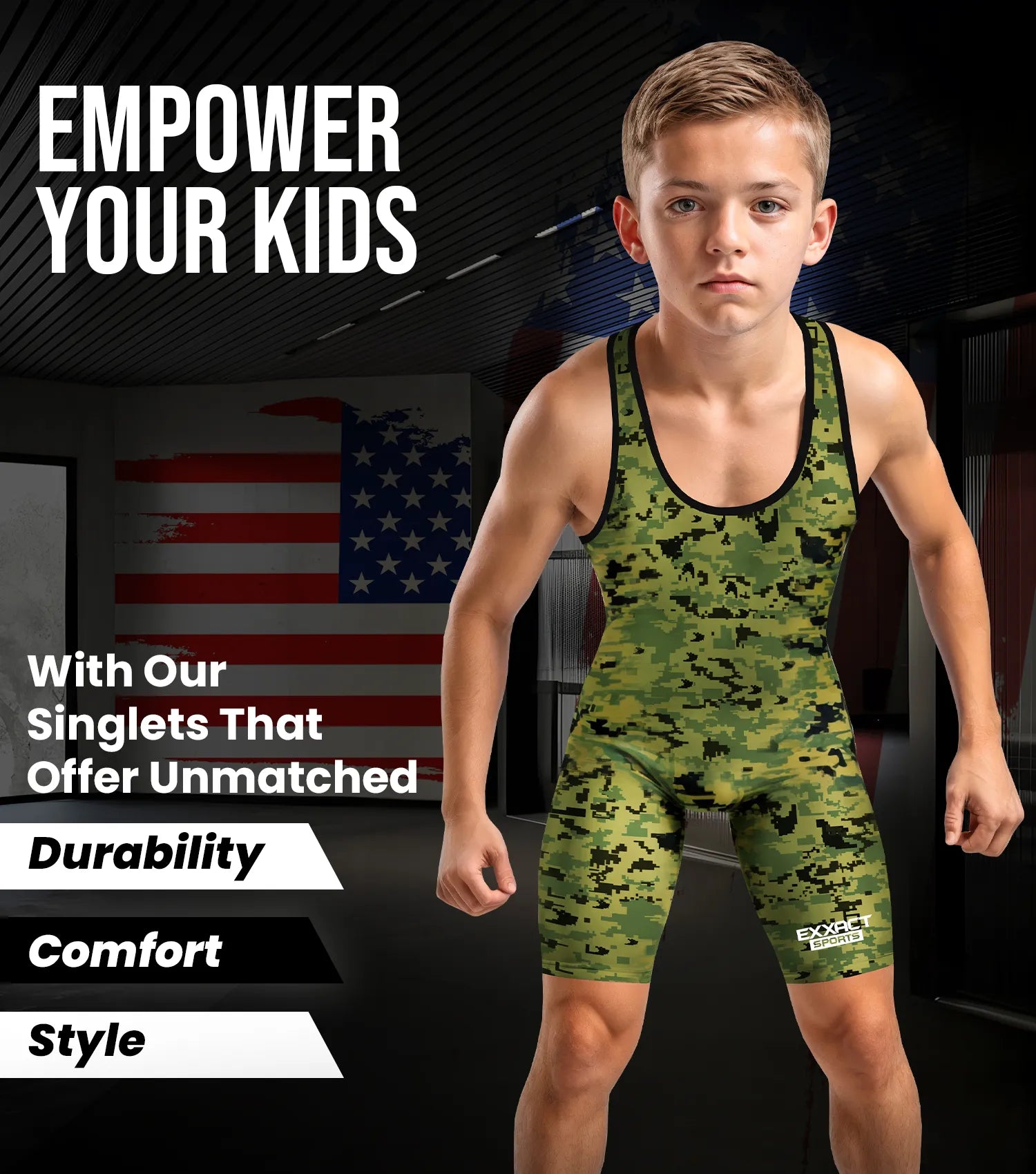 Boys Youth Camouflage Wrestling Singlets Green