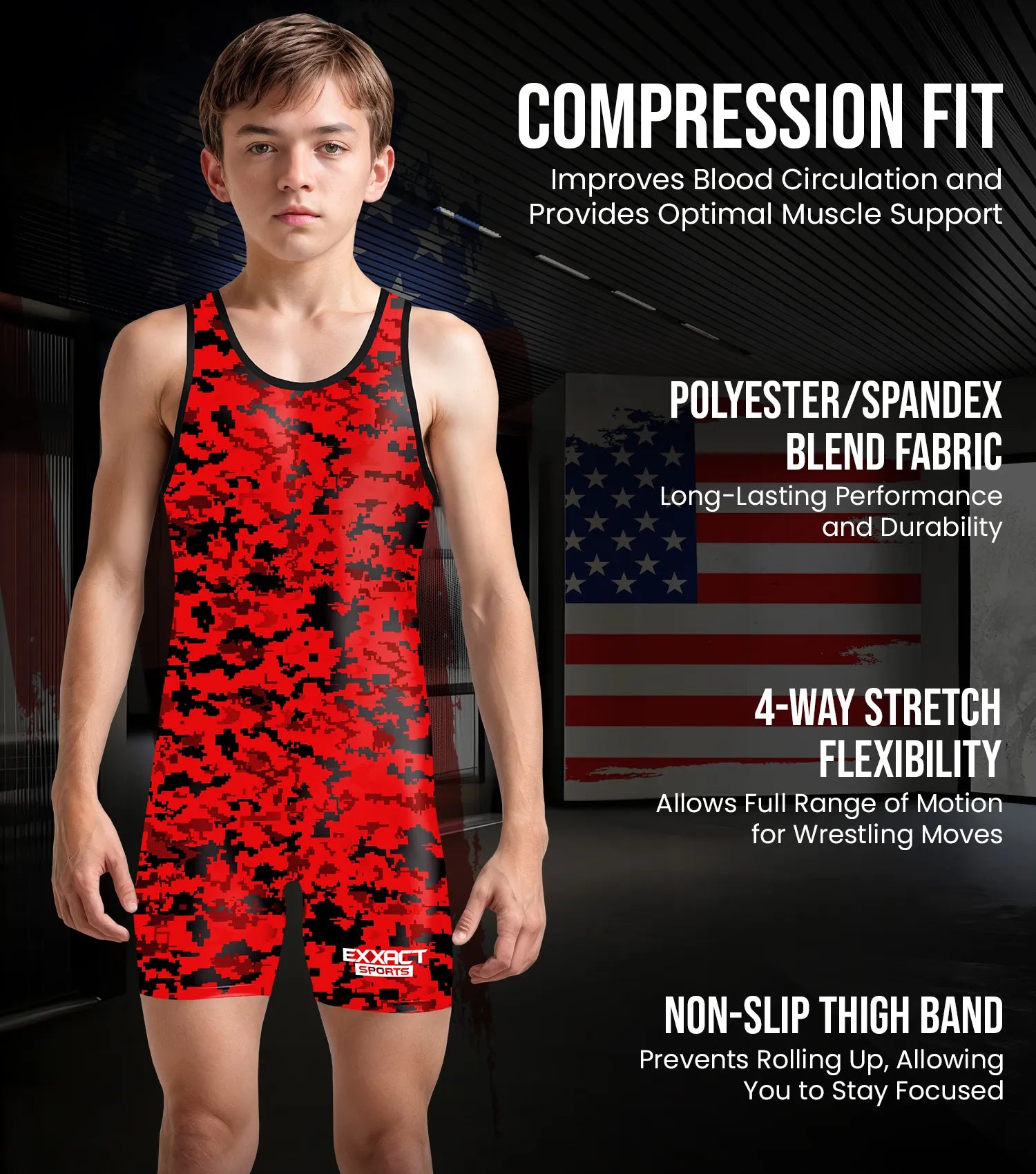 Boys Youth Camouflage Wrestling Singlets Red