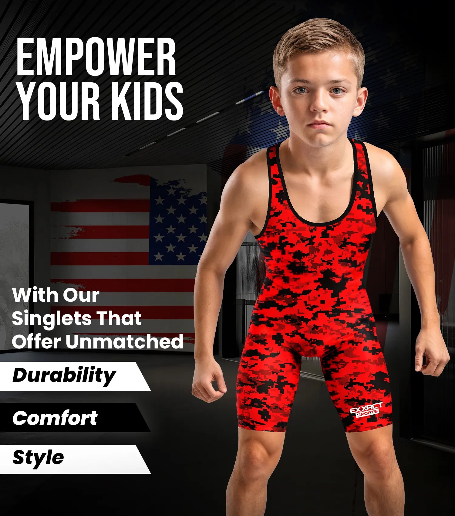 Boys Youth Camouflage Wrestling Singlets Red