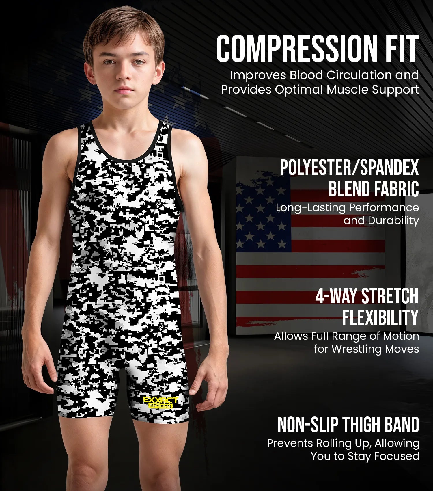 Boys Youth Camouflage Wrestling Singlets White & Black