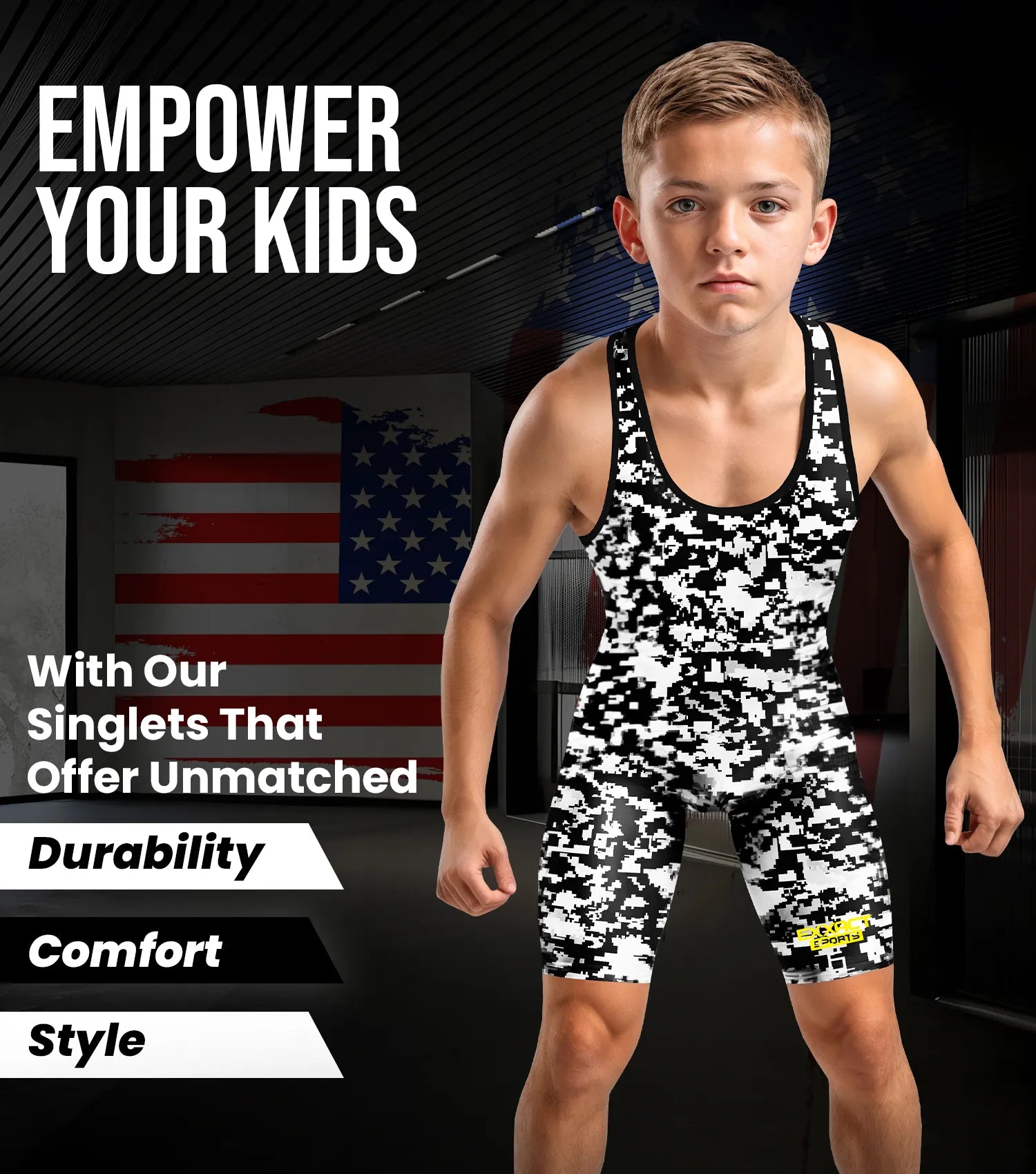 Boys Youth Camouflage Wrestling Singlets White & Black