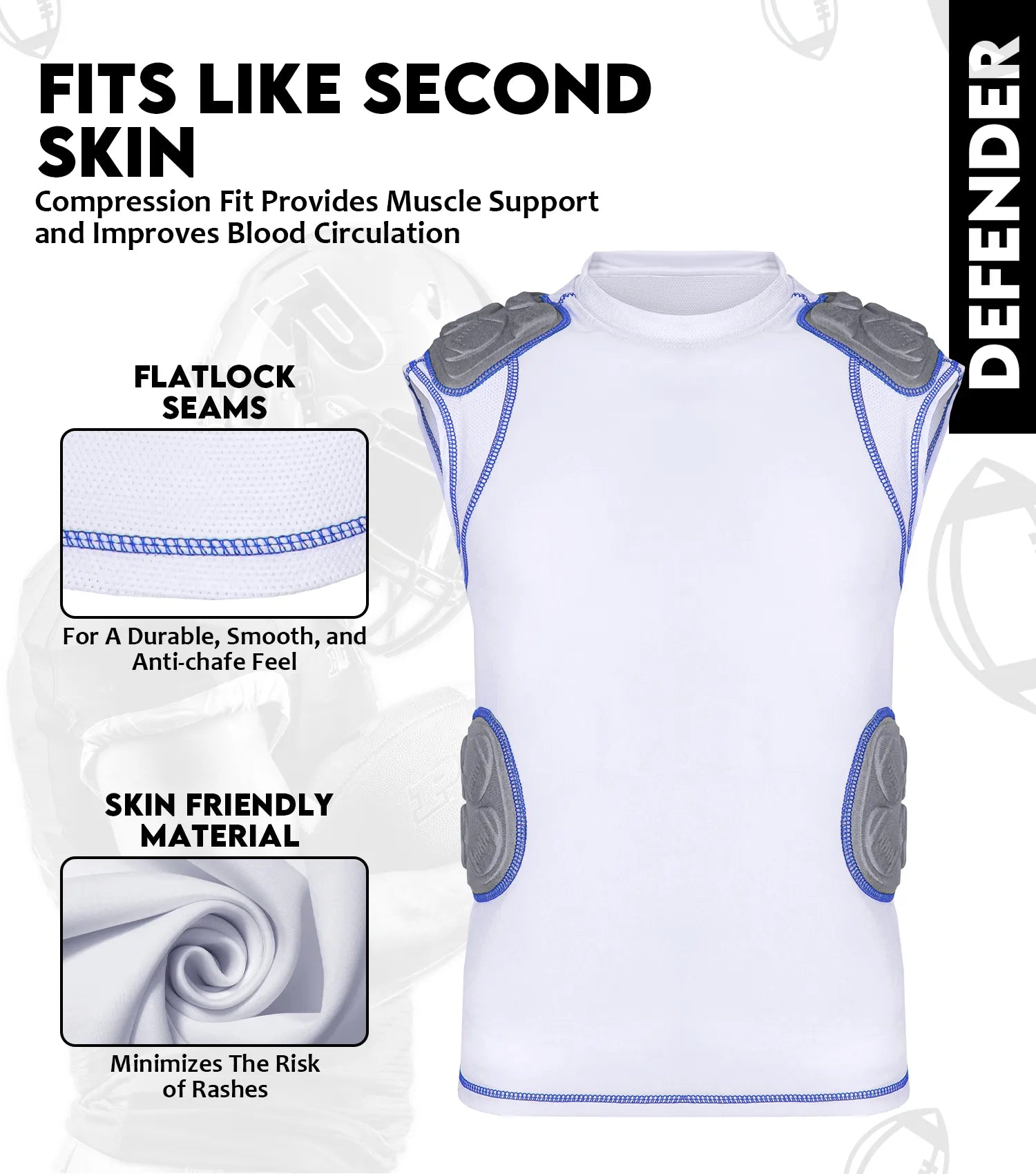 Defender 5 Pads Men's Football Compression Shirt White (Adult)